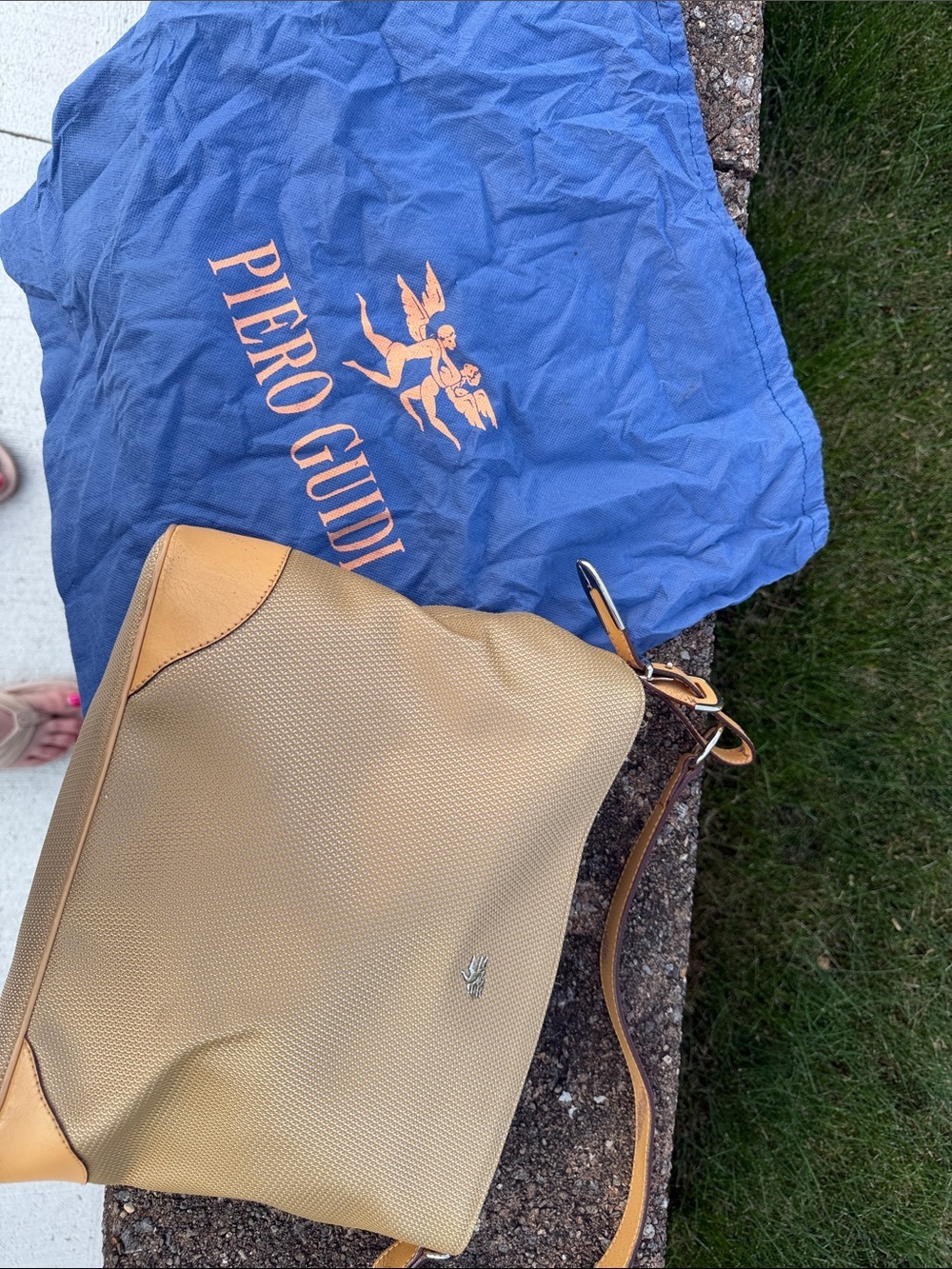 Piero Guidi Beige and Tan Shoulder Bag with Logo Dust Bag